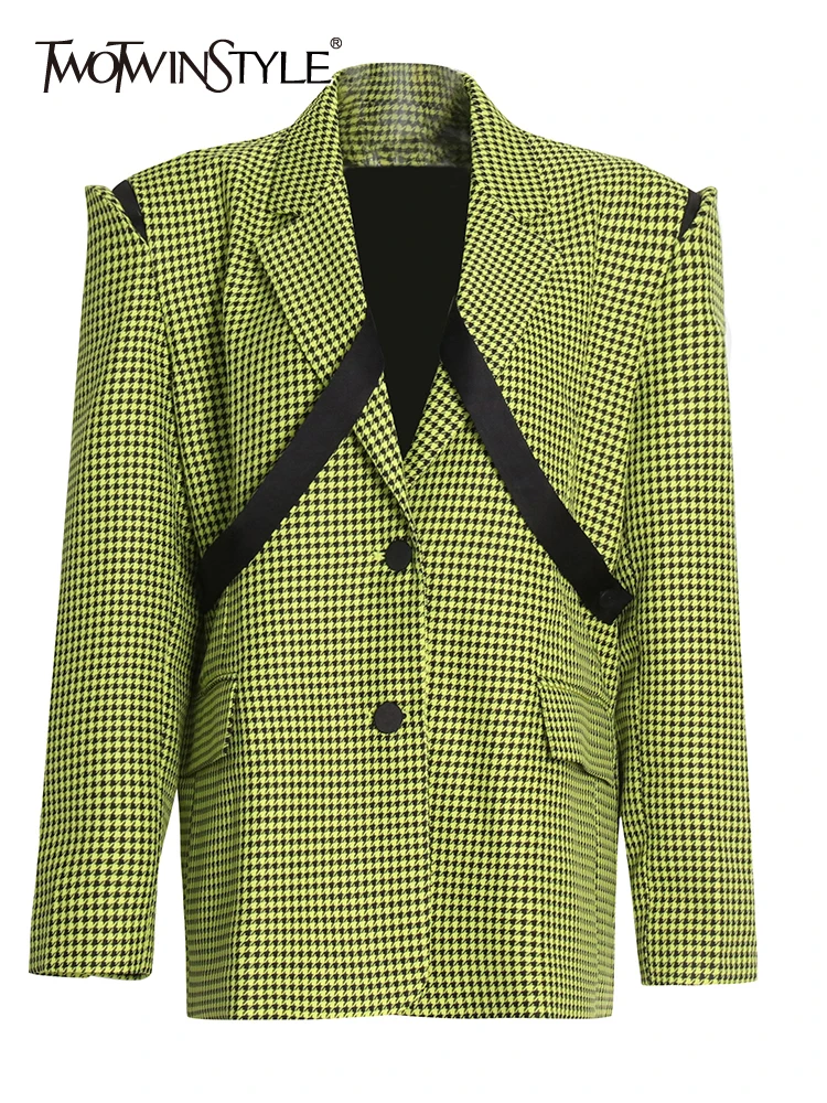 

TWOTWINSTYLE Gingham Colorblock Blazer For Women Notched Collar Long Sleeve Vintage Blazers Female Clothing 2022 Spring Style