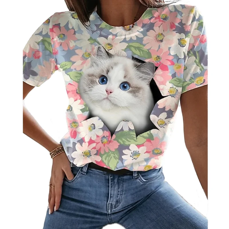 

Różowy kot okrągły dekolt na zewnątrz na co dzień moda uliczna kobiet T-shirt w za dużym rozmiarze Top lato nowa odzież damska