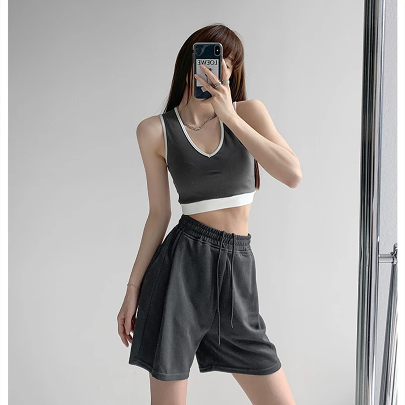 

2023 Baggy Black Woman's Sweat Shorts Pants High Waist Summer Grey Vintage Straight Casual Ladies Drawstring Sweat Shorts Pants