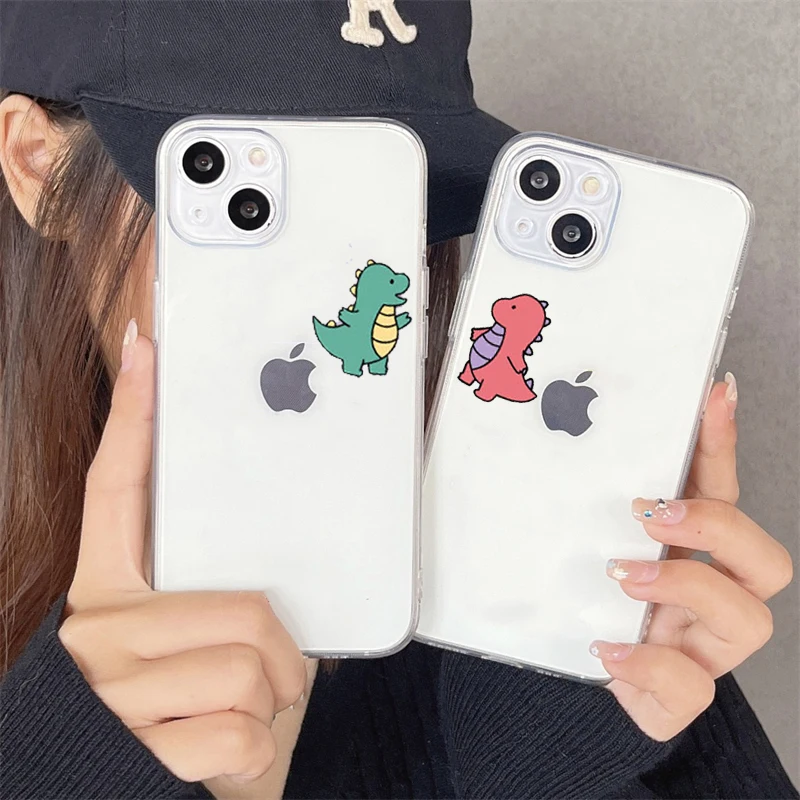 

Cute Dinosaur Couple Clear Phone Case for IPhone 14 13 12 11 Pro MAX XR X XS SE 7 8 14Plus Shell Cartoon Animal Soft Cover Coque
