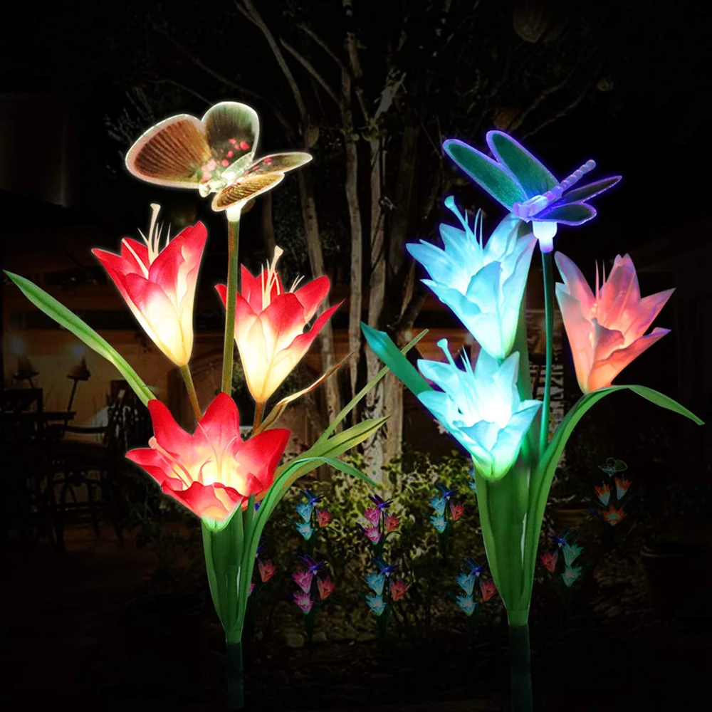 3 Head Led Solar Lily Flower Butterfly Dragonfly Garden Lamp 7 Color Change Lighting Lily Rose Light Lawn Lamp Landscape Decor