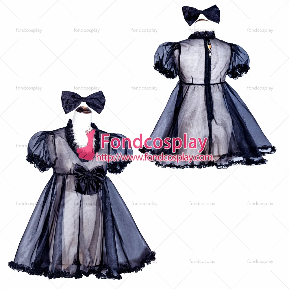 

adult sexy cross dressing sissy maid short French Lockable black Organza Dress Uniform Costume Tailor-made[G4030]