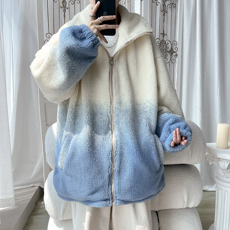 Winter Jacket Men Warm Fashion Gradient Thickened Lamb Wool Jacket Men Japanese Streetwear Loose Thick Short Coat Mens Clothes