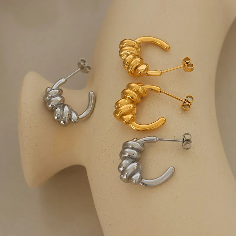 2022 Summer Stainless Steel Knotted C-shaped Stud Earrings for Women Gold Plated Punk Hoops Waterproof Jewelry Gift