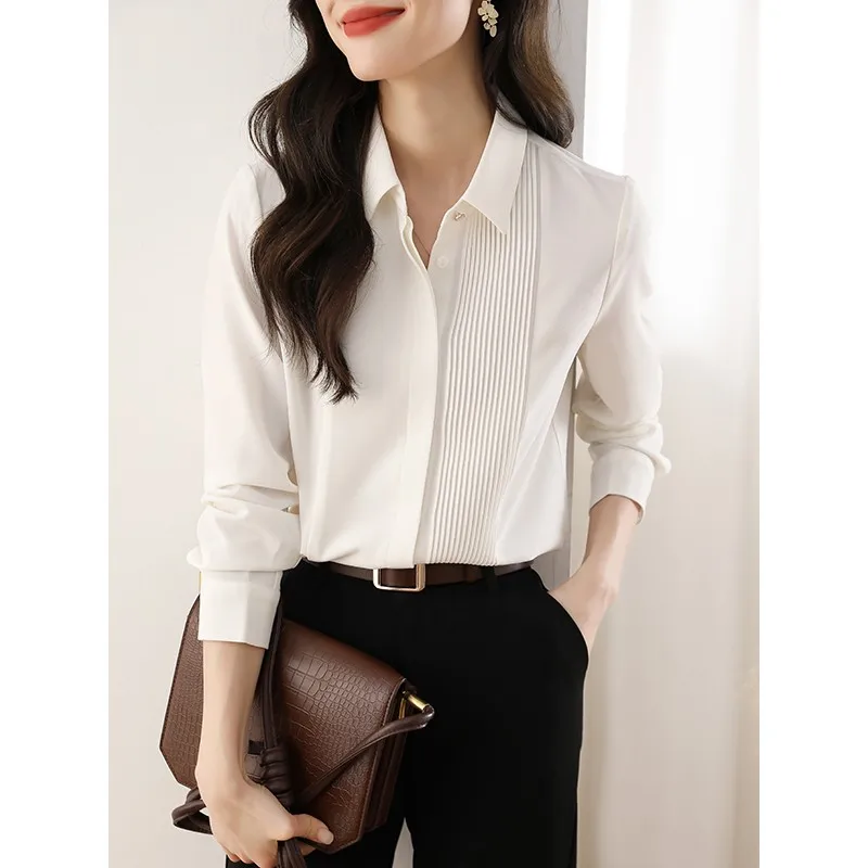 

Commuter Long-sleeved Blouse 2023 Autumn New White Workplace Shirt Korean Version Fashionable Women Pure Color Polo-neck T699