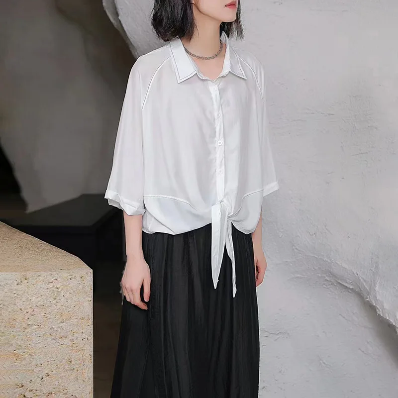 

Женская шифоновая рубашка с отложным воротником, Свободная Повседневная Блузка с короткими рукавами и поясом на завязках, 2023