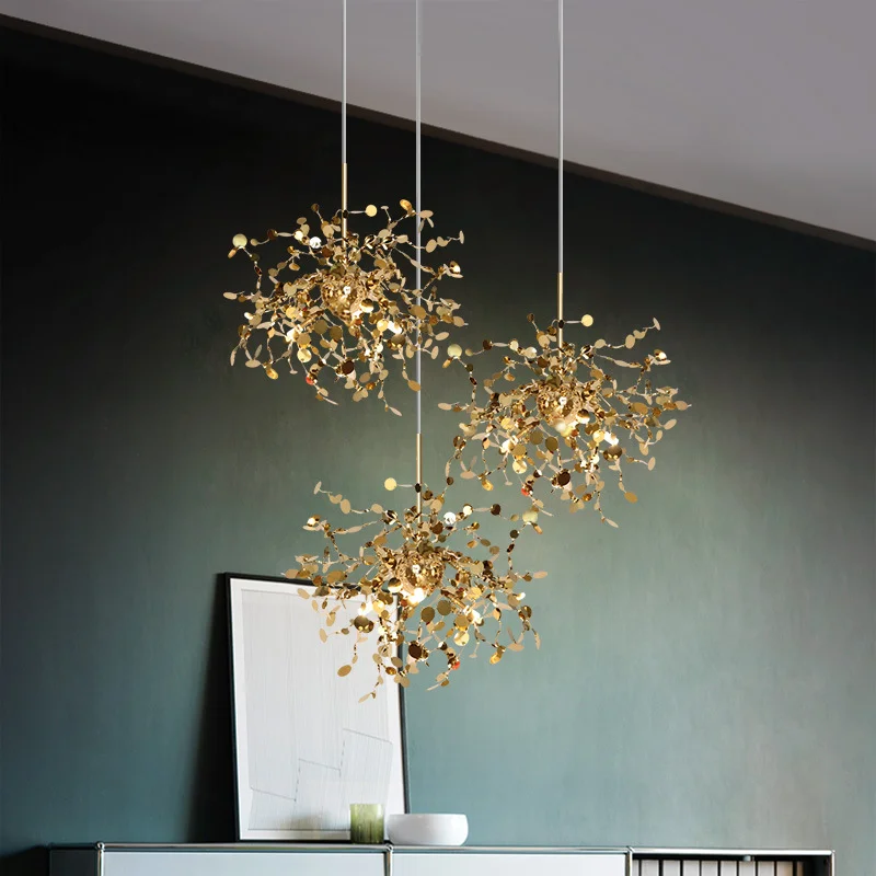 

Nordic Simple Living Room Lamp Creative Window Bar Clothing Shop Leaf Stainless Steel Pendant Lamp Post-Modern Engineering Lamp