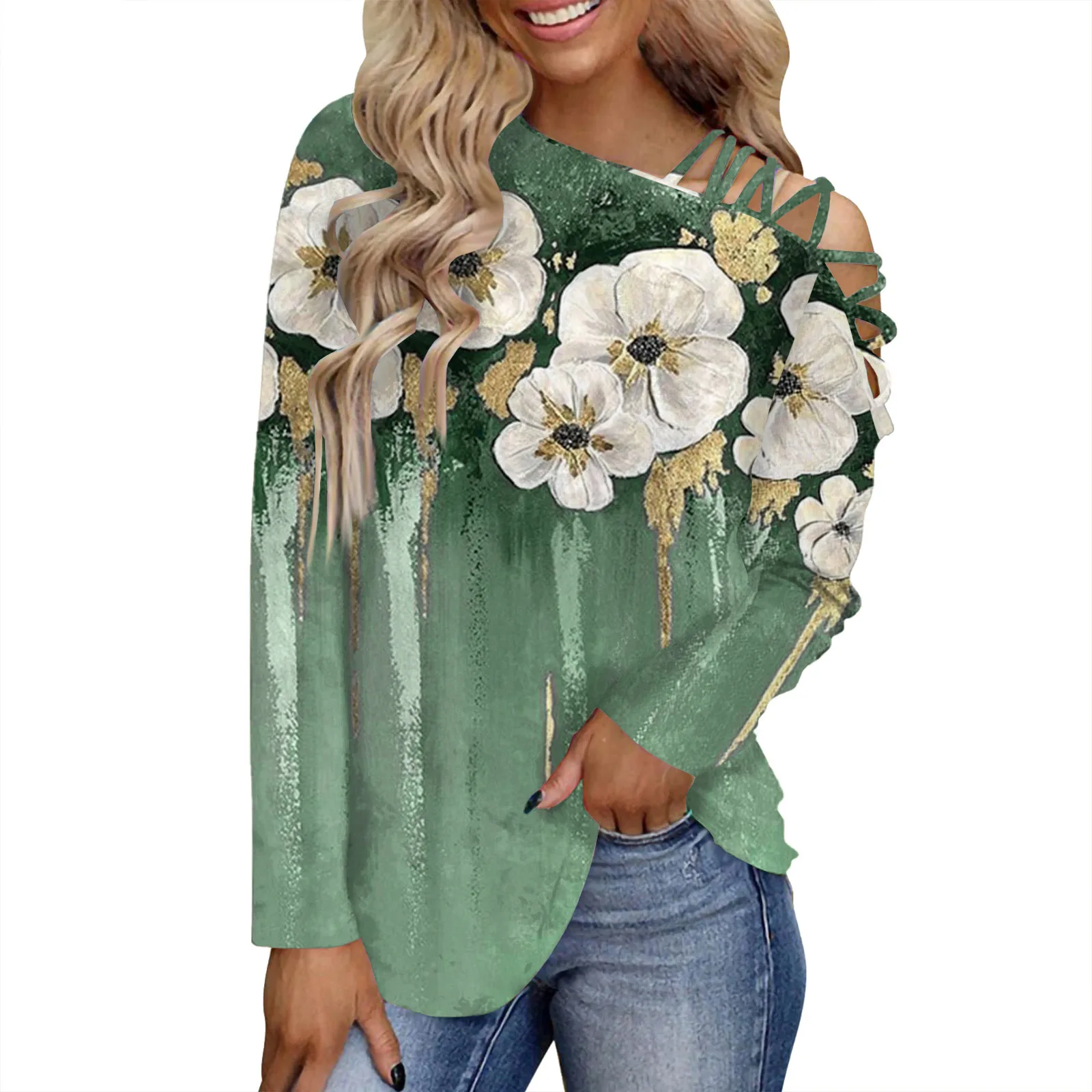 

Off Shoulder Hanging Neck Blouse Women Loose And Comfortable Blusas Mujer Printed Long Sleeve Blouses Y2k Tops Fashion Clotnes