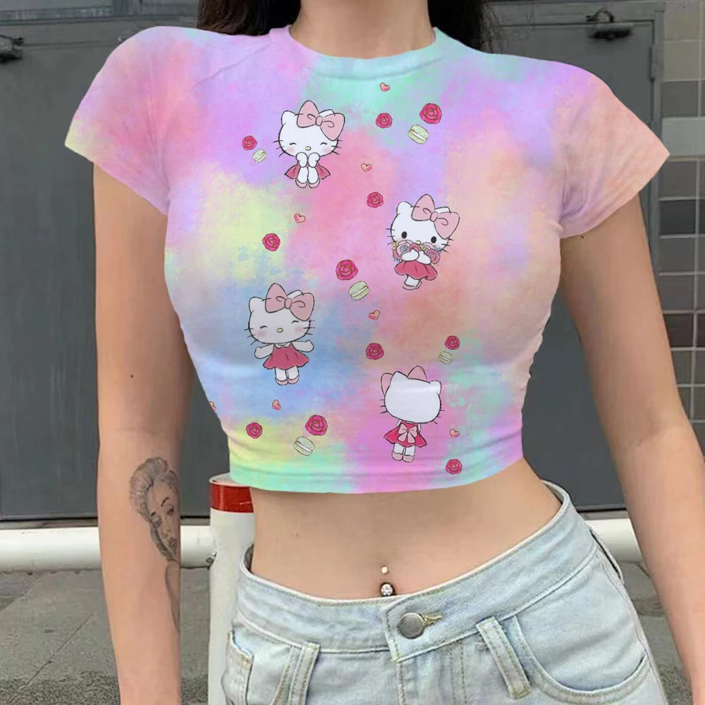 

Женский укороченный топ с принтом Hello Kitty, укороченная футболка, базовая летняя одежда с высокой талией и коротким рукавом, топы, женская сексуальная укороченная футболка