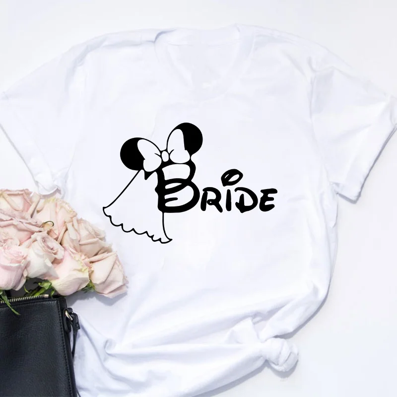 

Women Summer Short Sleeves Disney T Shirts For Bride Maid Minnie Mouse Lovely Harajuku Female Tshirts O-neck White Tops
