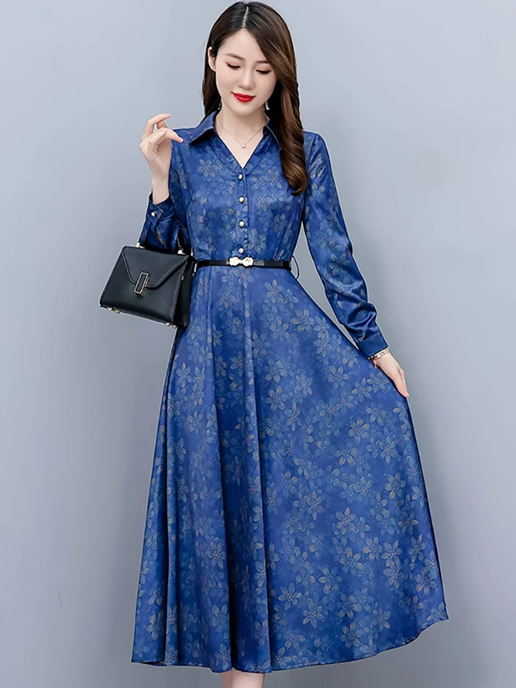 

Women Blue Floral Acetate Satin Luxury Long Dress Spring Long Sleeve Polo Collar Prom Vestidos2023 New Korean Fashion partyDress