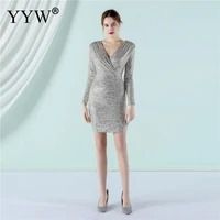 sequin evening dress 2022 to the knee long sleeve bling glitter sliver evening gown short luxury party dresses robes de cocktail