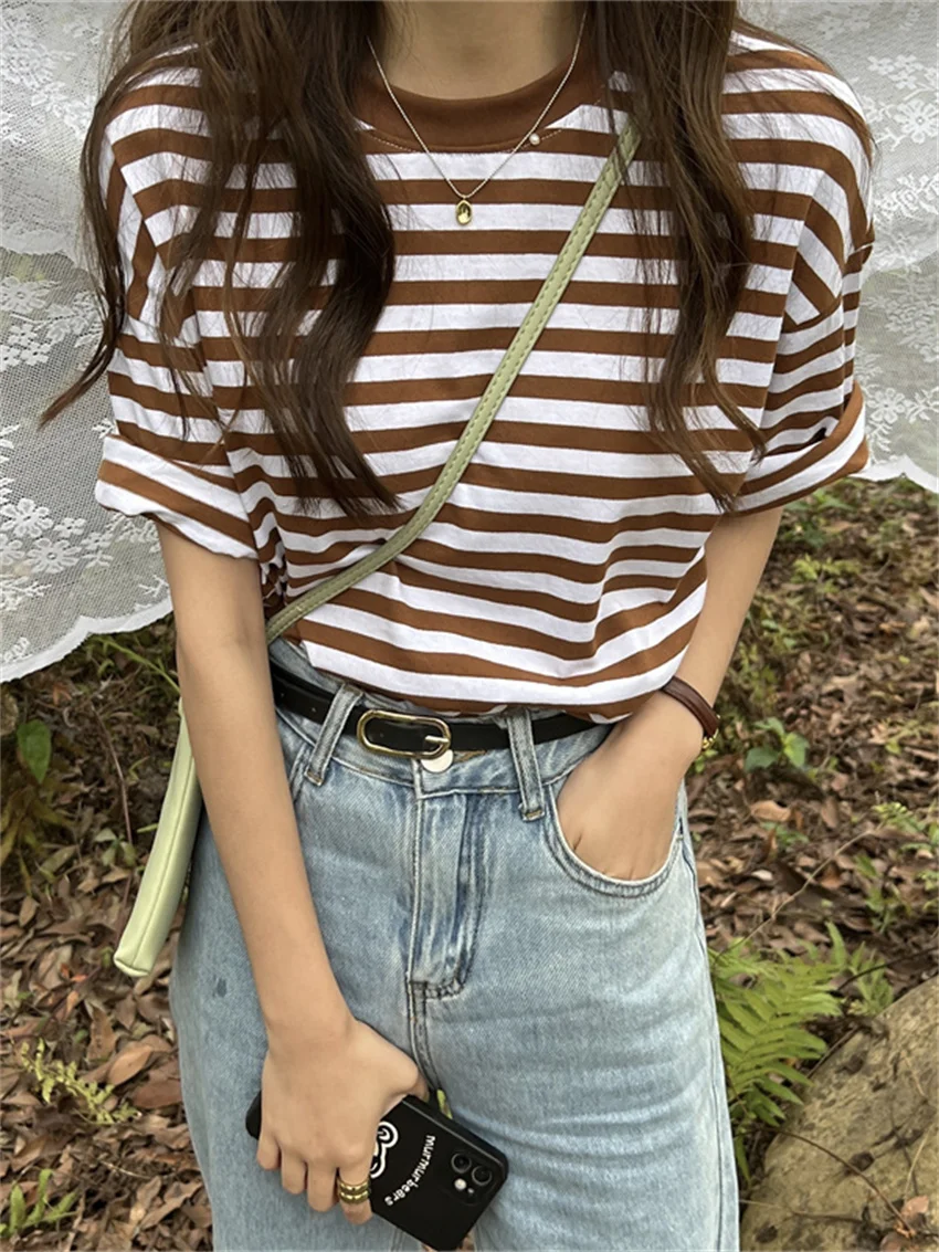 

HziriP Women Tees Summer Hot 2022 Korean Stylish Loose Stripes New Casual All Match Streetwear Short Sleeves T-Shirts Tops