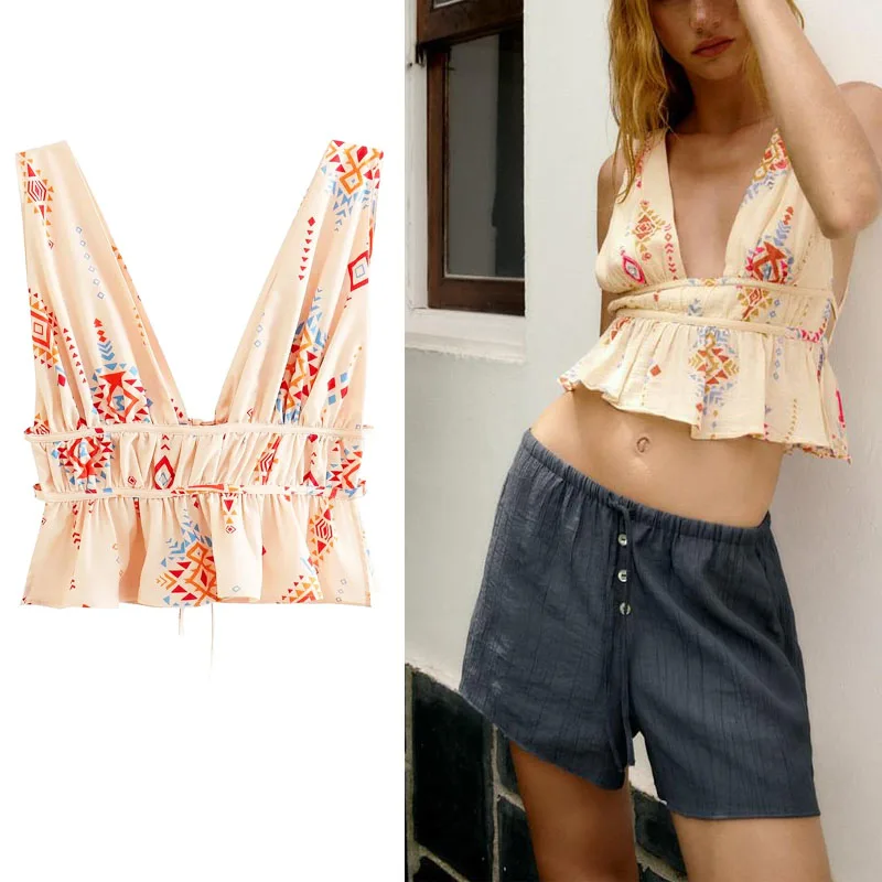 

TRAF 2023 Summer Short Beaded Printing Female Top Ruched Backless Tops V-neck Tie Sexy Women Cropped Tops