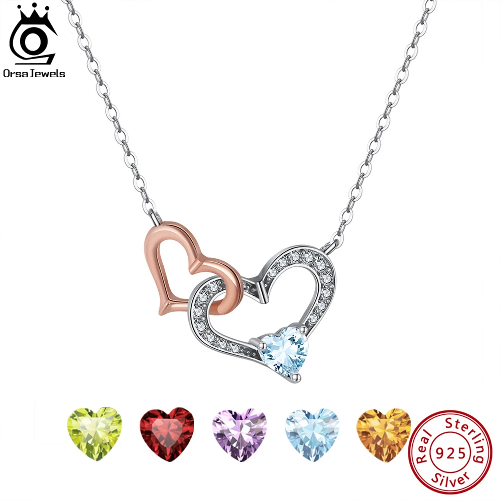 

ORSA JEWELS Authentic 925 Sterling Silver Natural Gemstone Topaz Amethyst Linked Hearts Pendant Necklace Mother's Day Gift GMN29