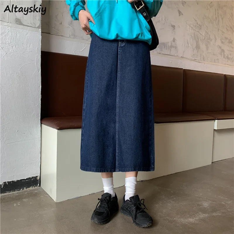 

Women Medium-long Denim Skirts Basic College S-5XL Korean Style Solid Pockets BF Harajuku Vintage All-match Female Bottoms Chic