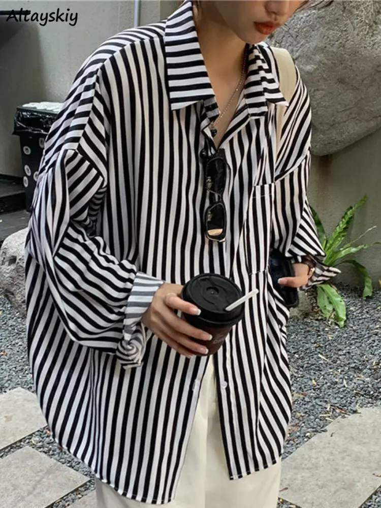 

Shirts Women Striped Loose Spring Ulzzang Long Sleeve Casual Vintage BF Streetwear All-match Popular Fashion Female Cozy Simple