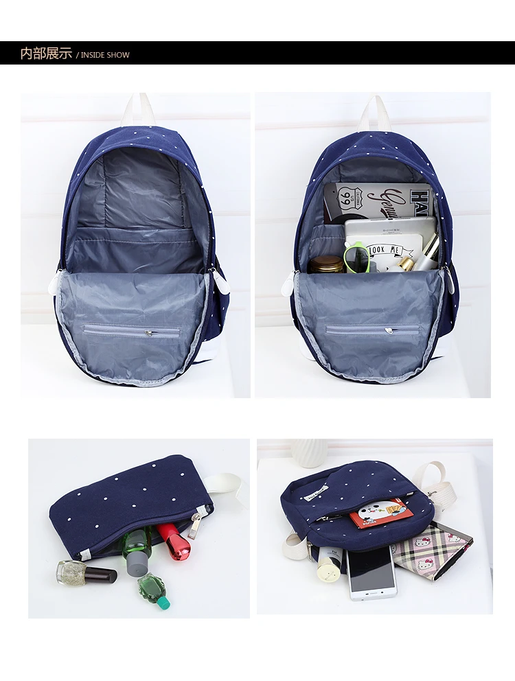 Student Schoolbags 3 Piece Set Boys Girls Korean College Style School Traveling Backpack Dot Canvas Backpack Large Capacity