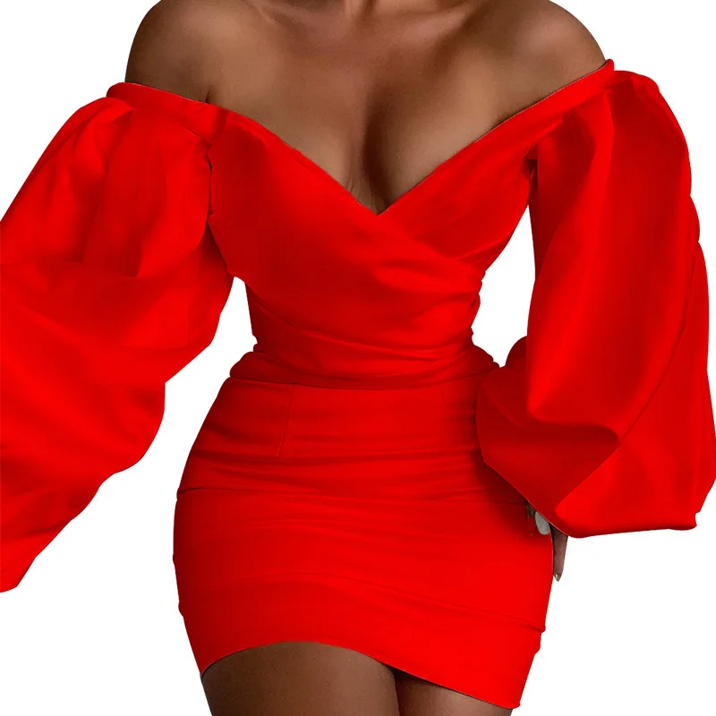 New Fashion Solid Color Sexy Open Shoulder Bag Hip V-Neck Lantern Sleeve Wrap Hip Dress Women's Mini Nightclub Summer Dresses