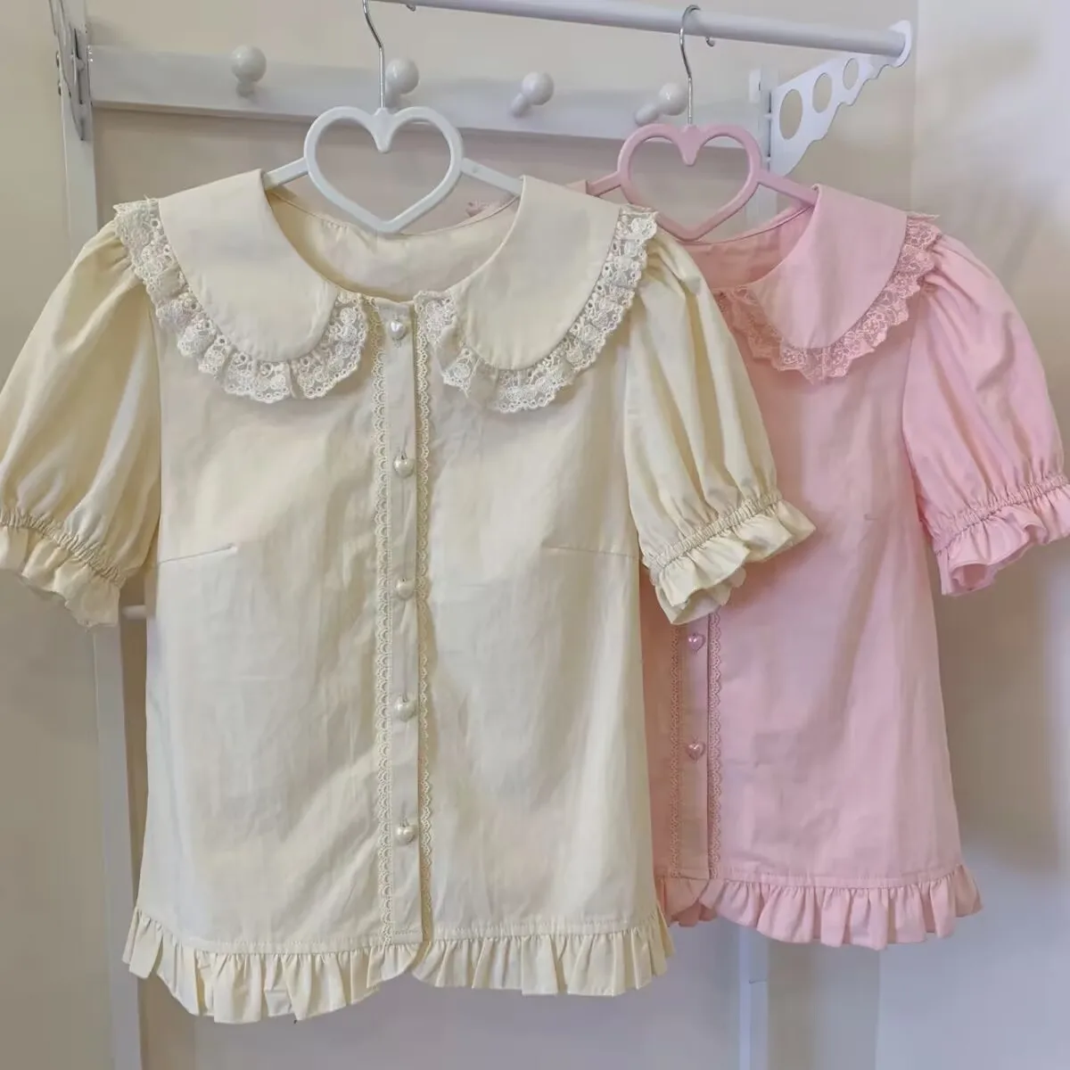 Рубашки в стиле Лолиты Harajuku, женские милые пышные рубашки с короткими рукавами и кружевными оборками, тонкие блузки Kawaii, милая одежда для девочек, топы Y2k, Blusas Mujer (art.: 3920d00525145) - 3920d00525145