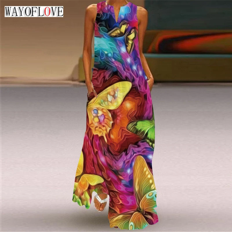 

WAYOFLOVE Ladies Spring Summer Long Dress Sleeveless Loose Butterfly Print Beach Maxi Dresses Party Elegant Casual Women's Dress