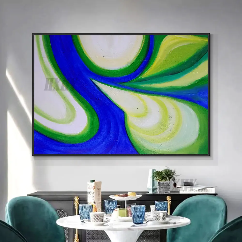 

Абстрактная синяя с зеленой картиной без рамки 100% ручная роспись маслом на холсте Современная модная Настенная картина для домашнего декор...