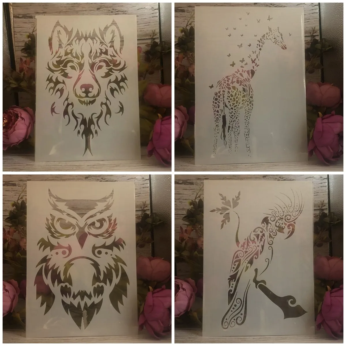 

4Pcs A4 29cm Mandala Wolf Parrot Owl DIY Layering Stencils Wall Painting Scrapbook Coloring Embossing Album Decorative Template