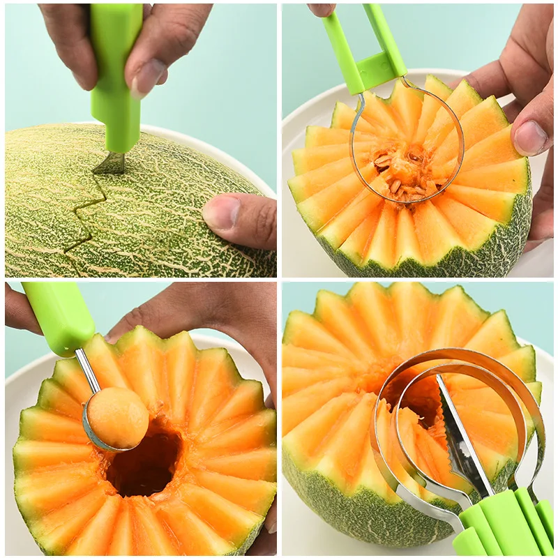 

3 in 1 Watermelon Stainless Steel Fruit Scooper Double Head Multifunctional Set Baking Seed Removal Carving Knife in stock
