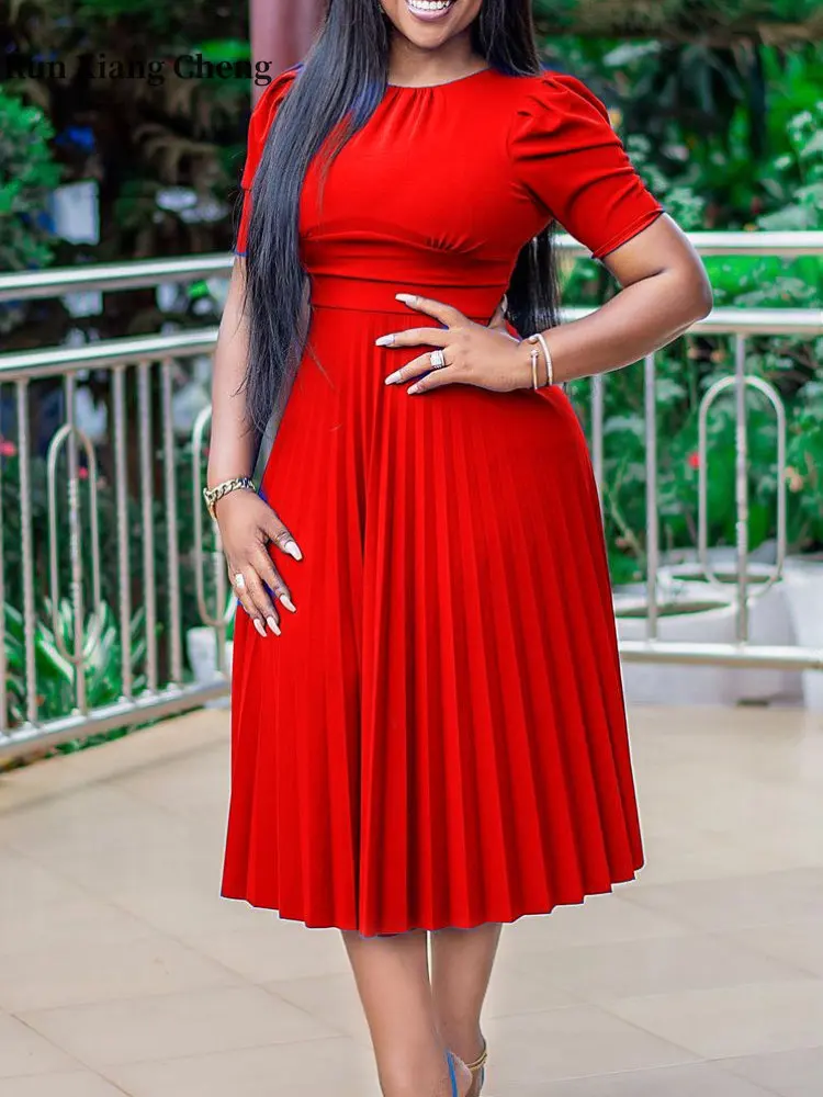 

Women’s Clothing Dress Summer 2023 Free Shipping Short-sleeved Pleated Long Dress Street Leisure Style Solid Color Plus Size Top