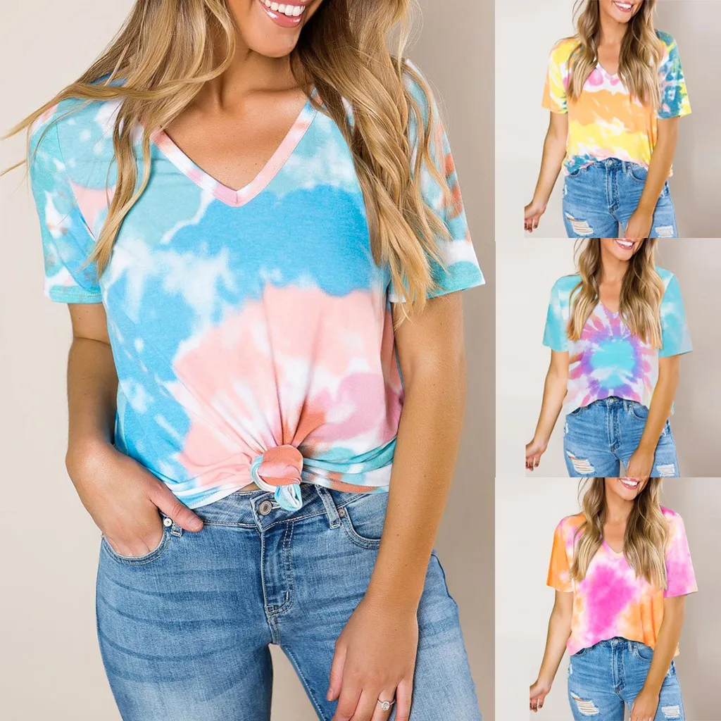 

Women Casual Tie-Dye Blouse Summer Leopard Patchwork V Neck Short Sleeve Tops Blouse Female 2022 women top