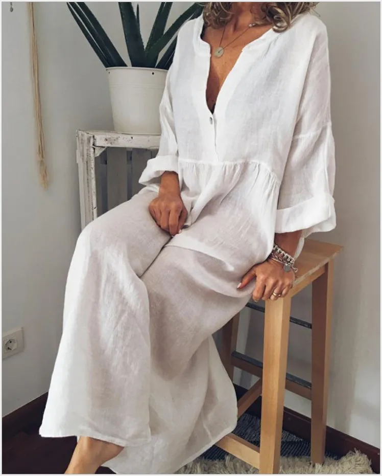 

Платье-макси с длинным рукавом и V-образным вырезом, из хлопка и льна