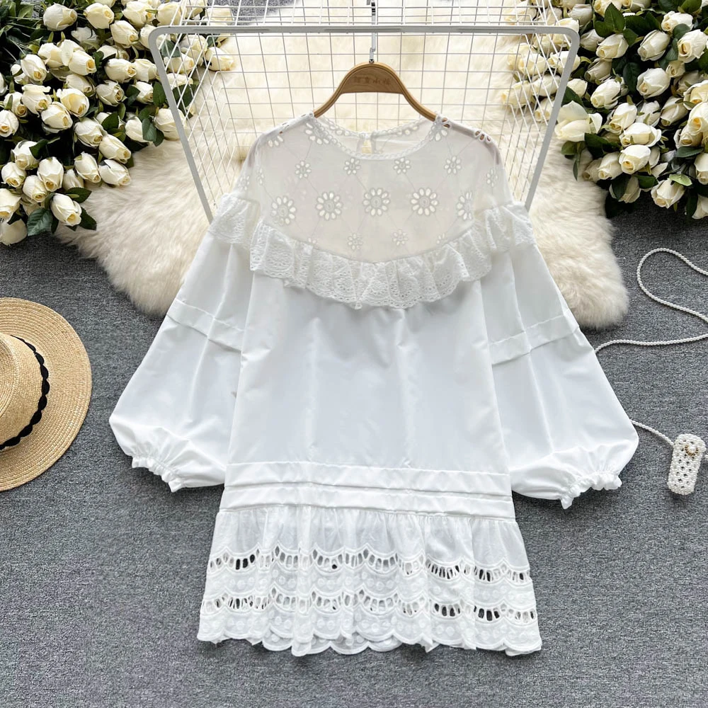 

2022 Summer New French White Ruffle Cut-out Loose A-shaped Doll Skirt white dress dresses for women