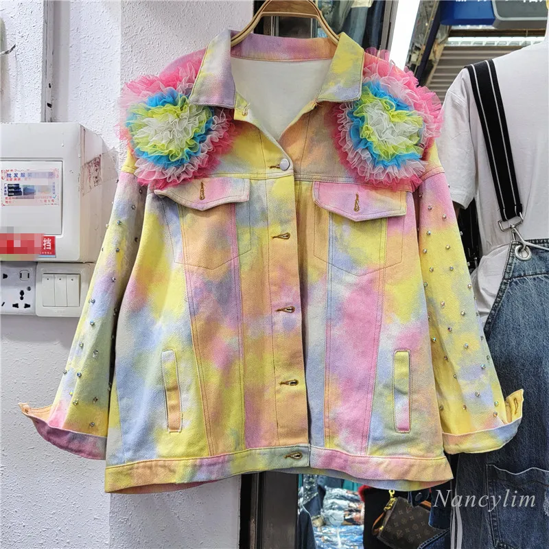 

Fashion Brand Denim Jakcet Women 2022 Spring Beads Mesh Love Pattern Sweet Colorful Gradient Jean Coat Loose Outwear Femme