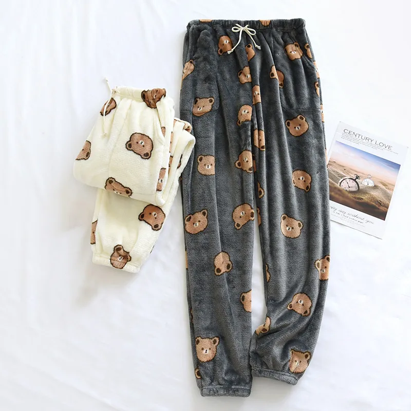 Winter Women's Flannel Pajama Pants Home Pants Cute Bear Beam Feet Loose Warm Thick Elastic Waist Pants