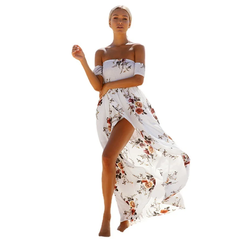 

Летнее женское платье 2022, длинное Сексуальное Женское пляжное платье с запахом и принтом, элегантное платье с воротником «одно слово», новая длинная юбка с имитацией