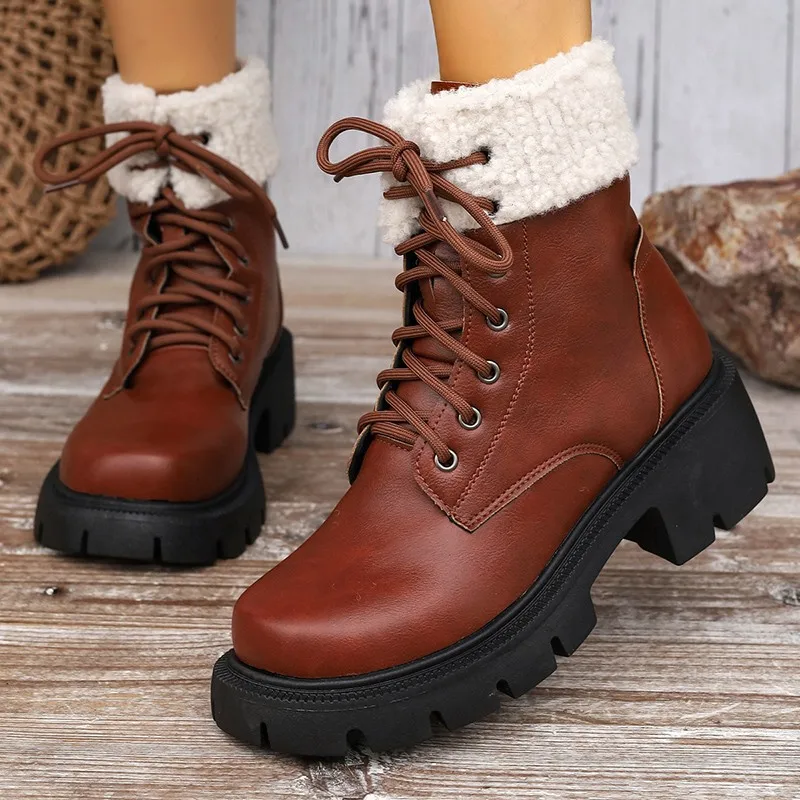 

Женские ботинки на шнуровке, теплые однотонные плюшевые ботинки с круглым носком, на флисе, с квадратным носком, зимняя обувь, 2023