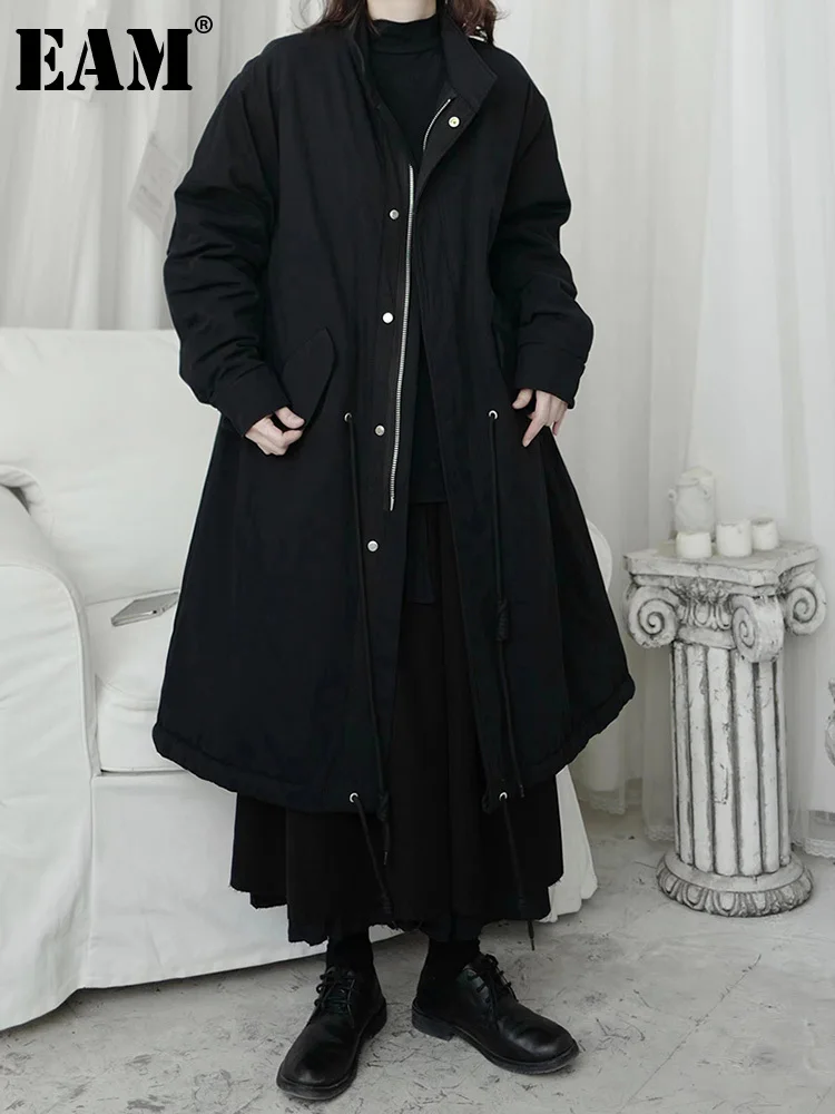 

[EAM] Black Drawstring Big Size Long Cotton-padded Coat Long Sleeve Women Parkas Fashion Tide New Autumn Winter 2023 1DF4245