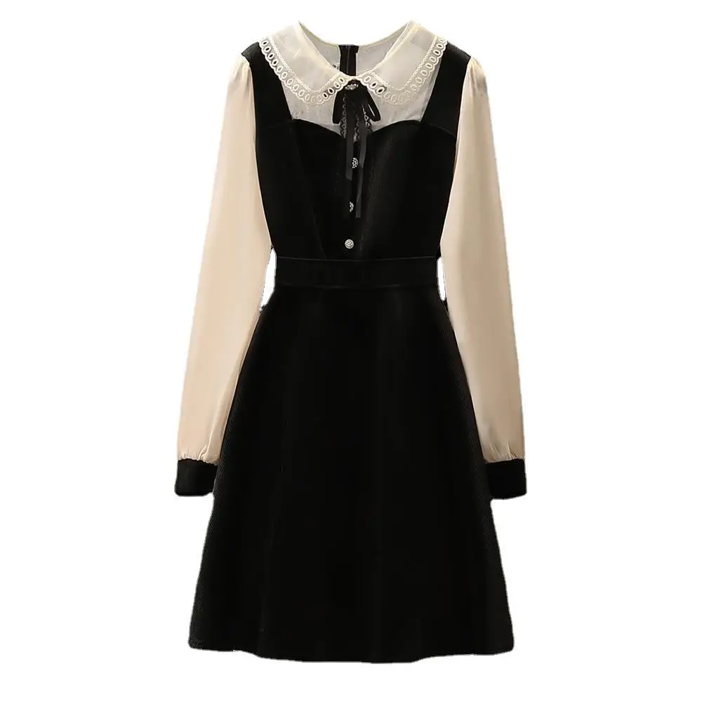 

Vintage Velvet Black Dress Stand Neck Lantern Sleeve Party Robe High Waist Slim Korean Elegant Dresses Women plus size dress