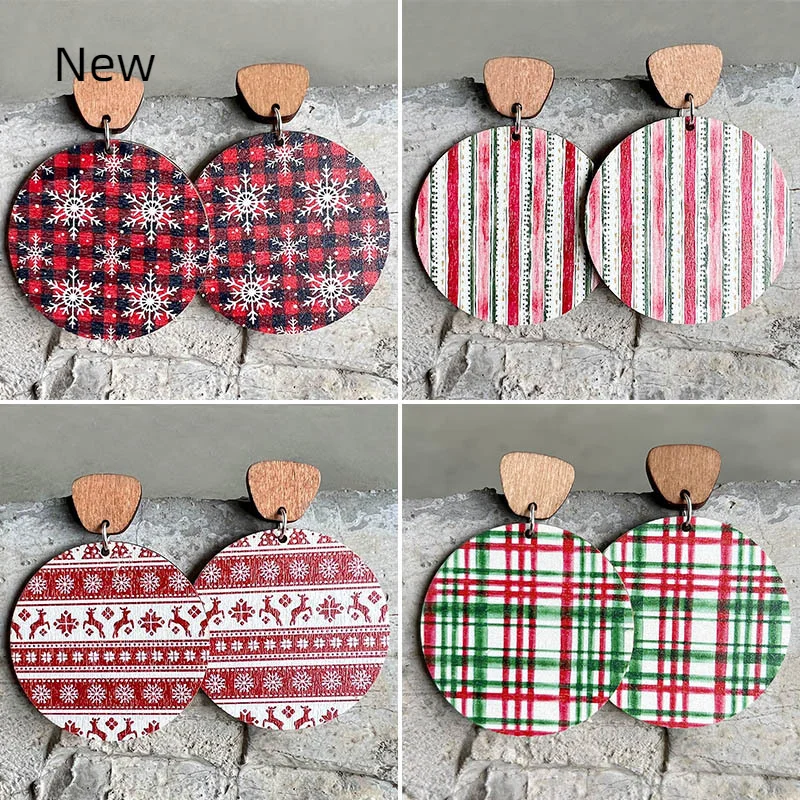 

Christmas Wood Circle Disc Printing Cork Earrings for Women Merry Christmas Holiday Jewelry Gift Wholesale