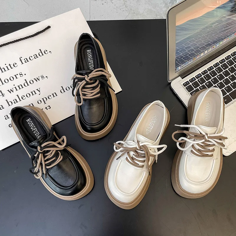 

Women Platform Oxford Shoes 2022 Spring Vintage Leather Flats Lace Up Fashion Loafer Hollow Breathable Shoes Zapatos Mujer