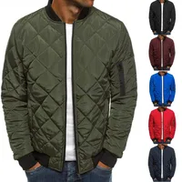 2022 Men Quilted Padded Jacket Casual Zip Up Winter Warm Bomber Jacket Casual Plaid Stand-Up Zip Coat Windproof Outwear