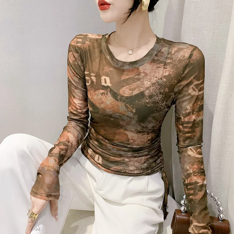 

#6754 Summer Perspective T Shirt Long Sleeve Women Sexy Thin Sunscreen T-shirt Vintage Tie Dye Short Mesh T Shirt Streetwear Tee