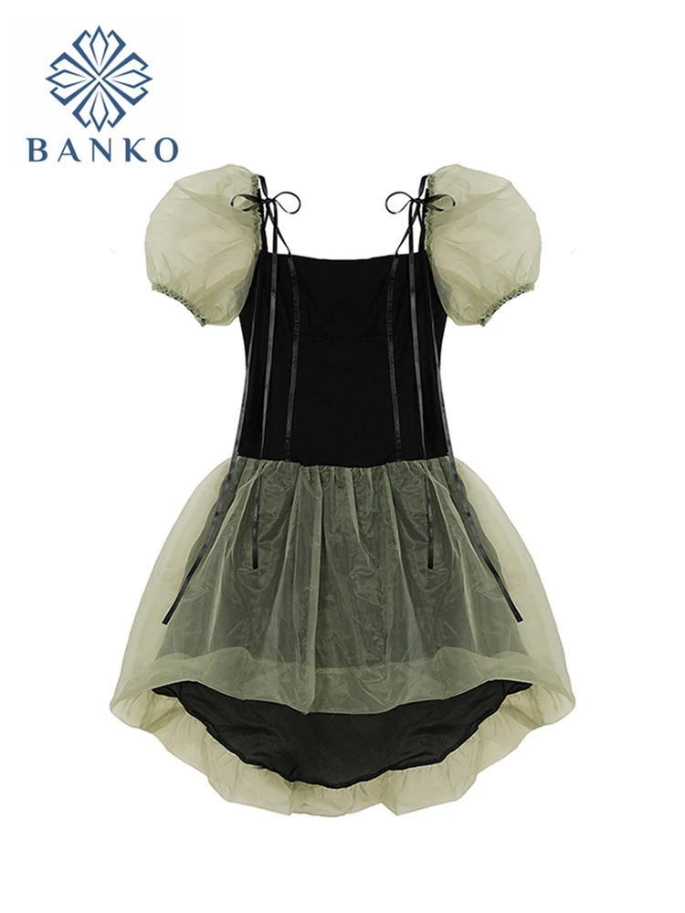 

French Vintage Elegant Pairy Dress Women Streetwear 2021 Summer Puff Sleeve Close Waist Mesh Patchwork Female Casual Short Dress