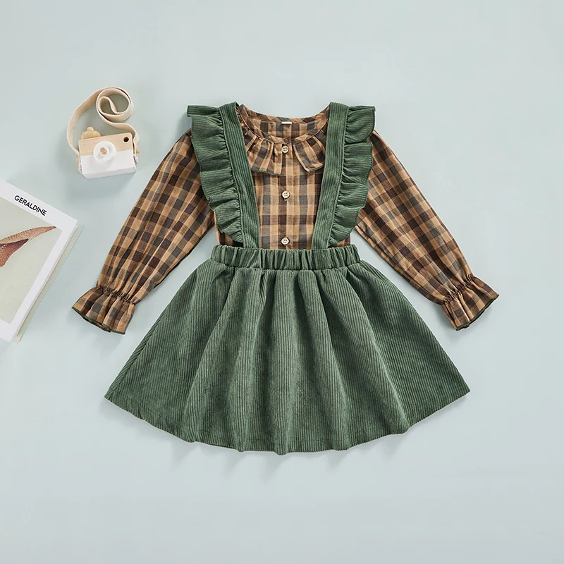 

Kids Girls Corduroy Outfit Long Sleeve Plaid Ruffle Shirt Tops Suspender Skirt 2Pcs Sets Fall Winter