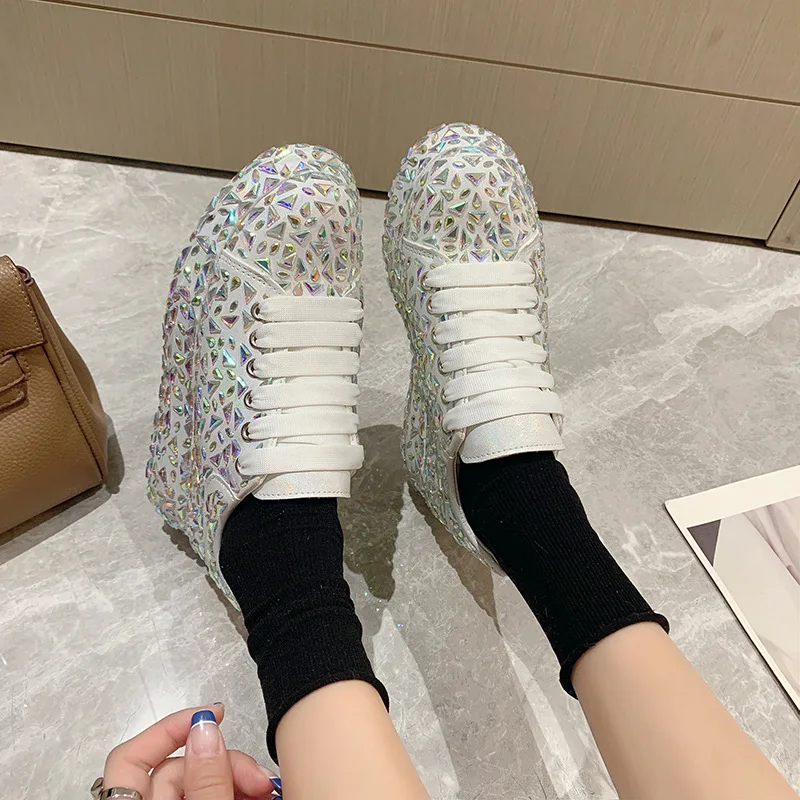 Women Rhinestone Sneakers Fashion Thick Soled Anti-skid Casual High Pink Silver Shoes Spring New Crystal Tennis Shoes Size 35-40