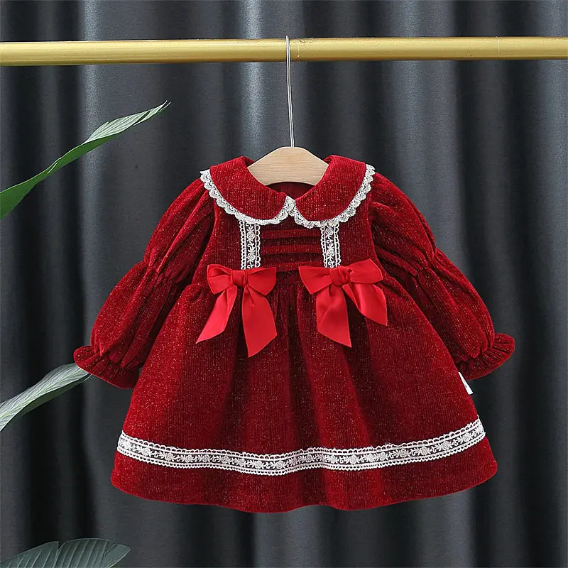 

2023 new Winter Baby Girls Sweet Lace Cute Bow Princess Birthday Dresses Elegant Kids Velvet Warm Clothes Children Vestidos