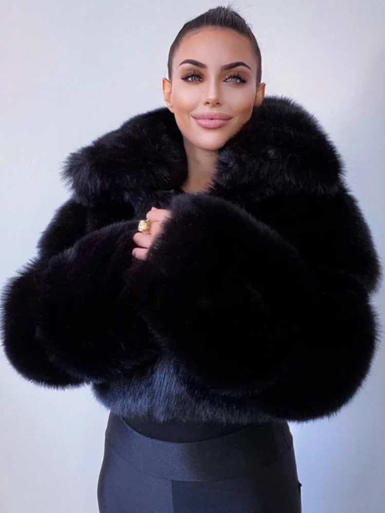 Elegant Turn Down Collar Thick Warm Black Puff Sleeve Faux Fur Short Coats Winter Casual Solid Ladies Outwear Fashion Streetwear