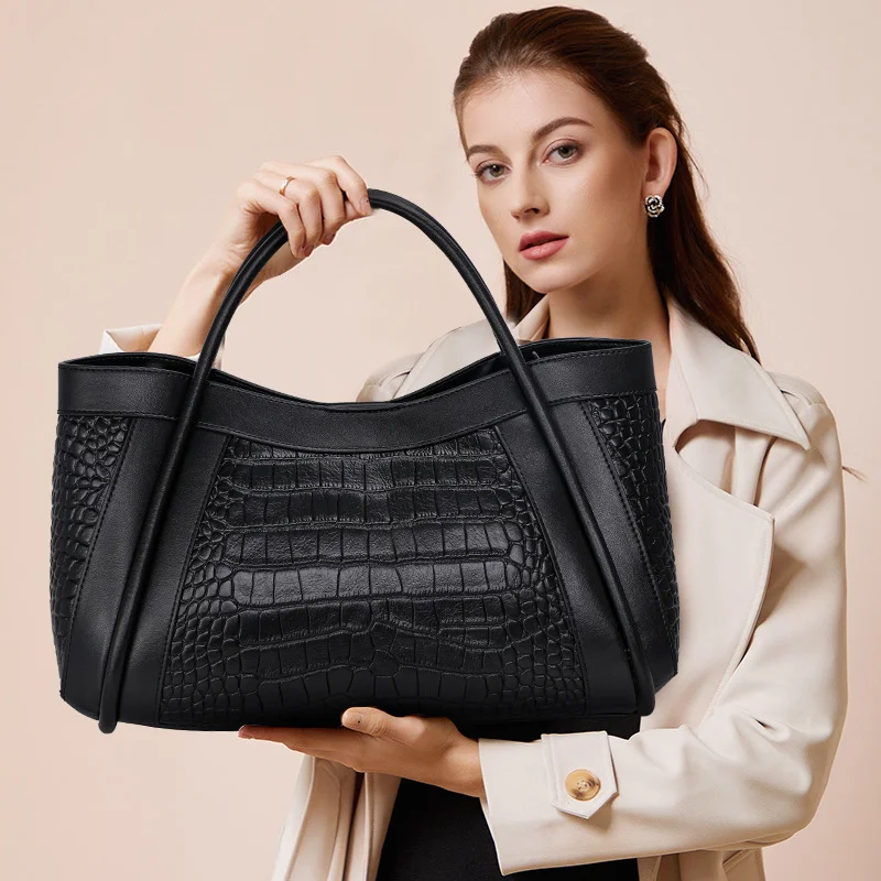 Luxury Crocodile Genuine Leather Women Handbags New Fashion Large Capacity Tote Shoulder Bags Top Quality Cowhide Top Handle Bag