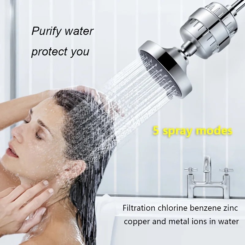 

Shower Head And 15 Stage Shower Filter Combo, High Pressure 5 Spray Settings Filtered Showerhead With Water Softener Filter Cart