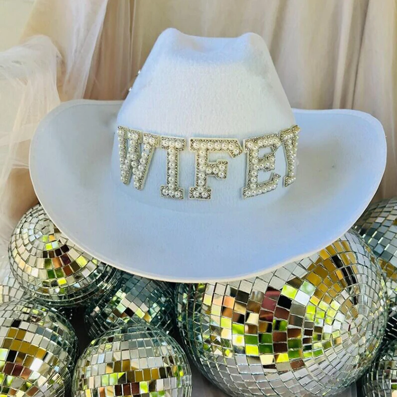 

Wifey Cowboy Hat Country Western Space Disco Cowgirl Nash Bash Bachelorette hen Party bridal shower bride to be decoration Gift